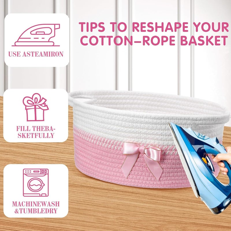 Colingmill Valentine Woven Gift Basket Empty with Ribbons Bow Tie and Bag, Valentine's Day Empty Decorative Chest Box, Woven Rope Storage with Handles Home Decor(14 x 10 x 5.5 Inch,Pink White) - Image 3